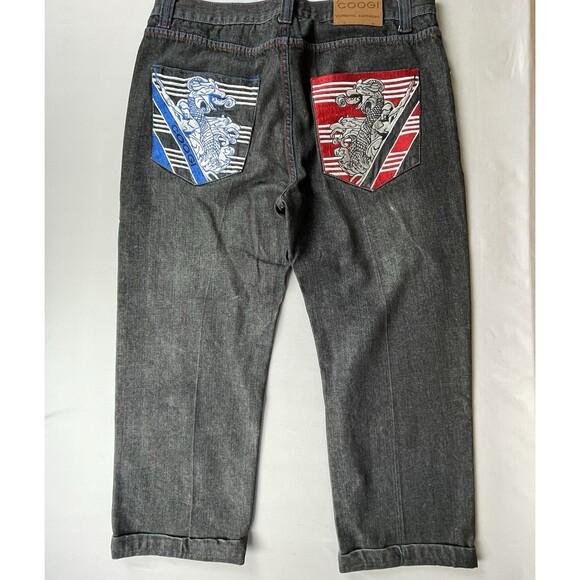 COOGI Embroidered Dragon Jeans Men's 38x34 Black Denim Streetwear Urban HipHop - Picture 1 of 16
